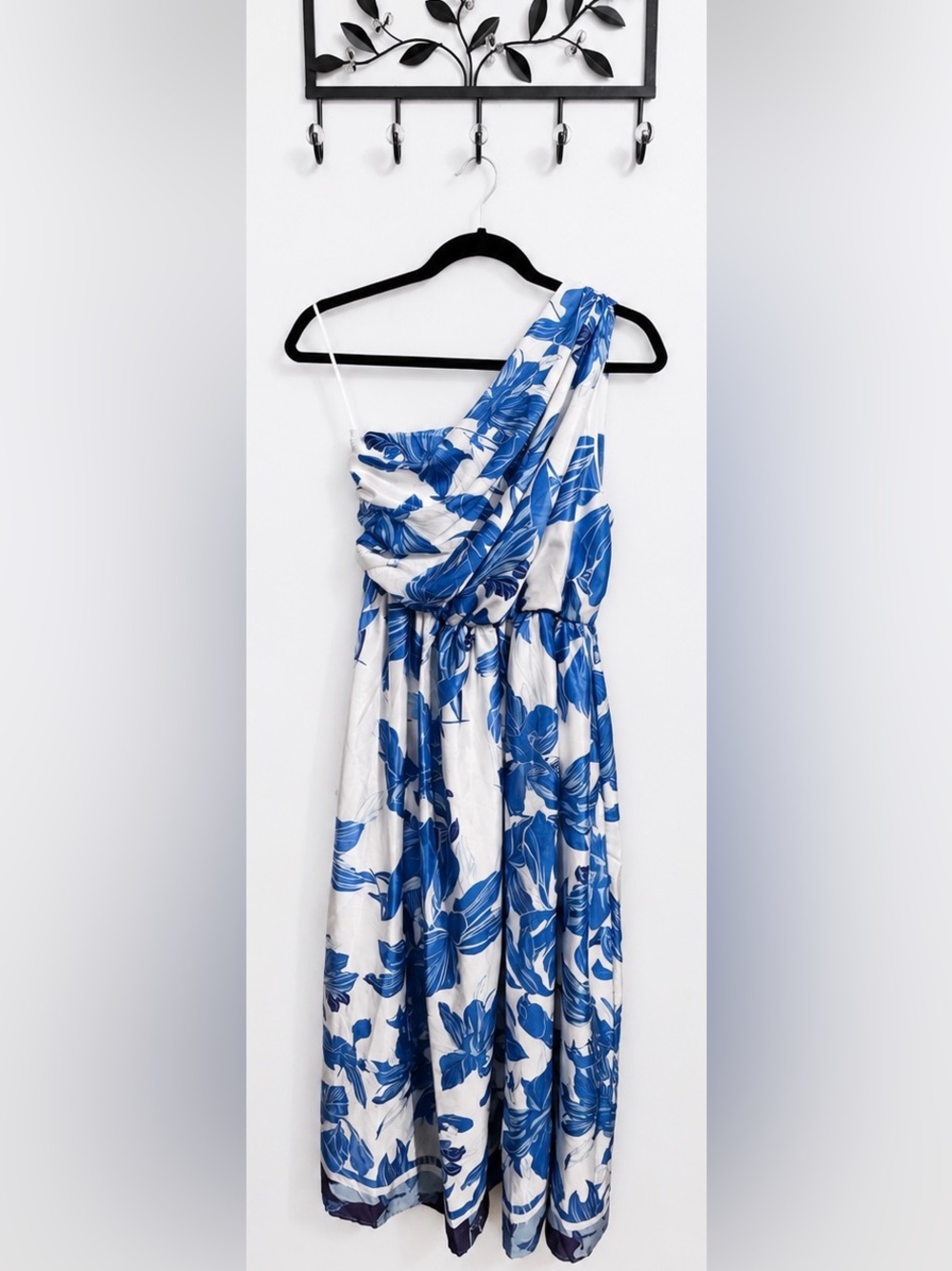 NWT YH & CO Naomi One Shoulder Blue Floral Midi Dress Size Small - Picture 2 of 7